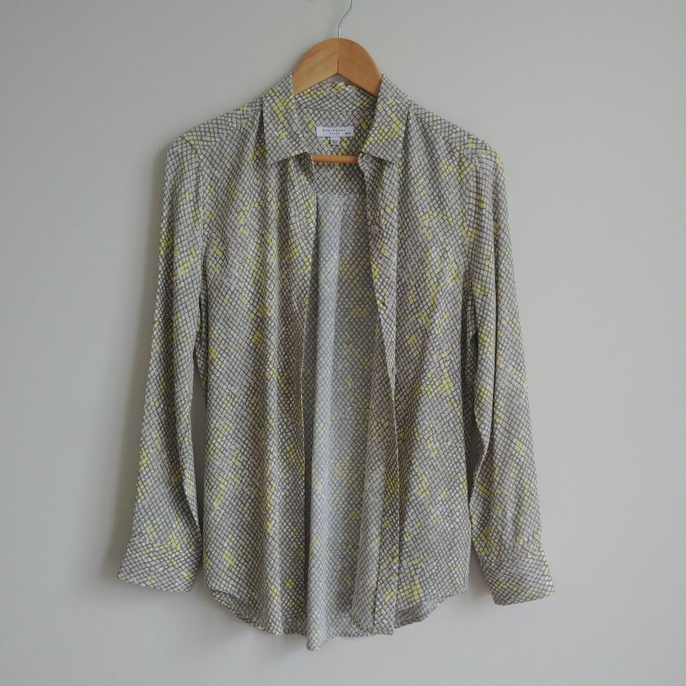 Equipment Femme grey yellow snakeskin button down shirt blouse top XS